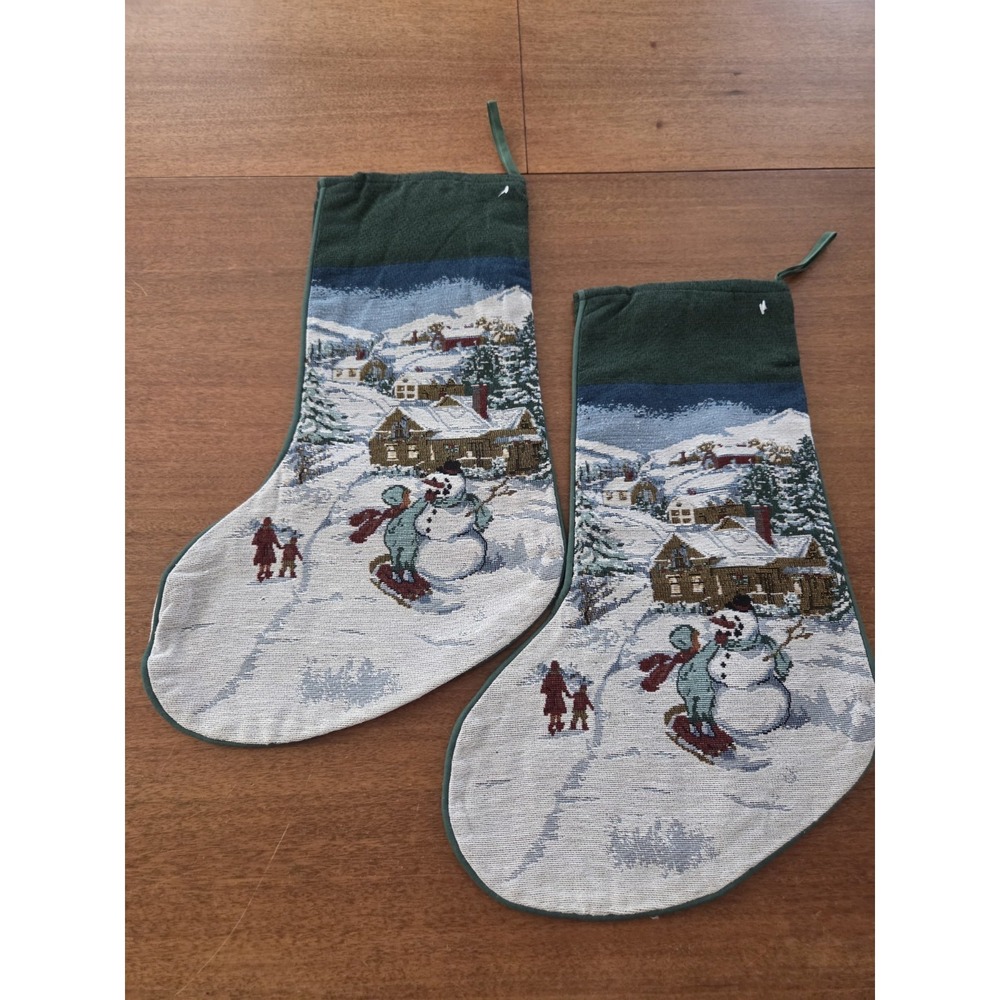 Two Tapestry Snowman Christmas Stockings Nostalgic Countryside Scene Pair